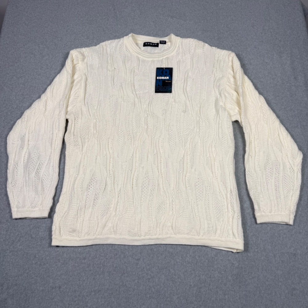 Vintage 90s Koman Sport Mens Large Cream Cable Knit Crewneck Grandpa Sweater